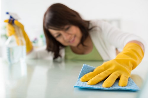 Cleaner working in a KT2 bathroom during a domestic cleaning visit